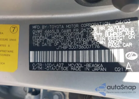 2003 Lexus Es 300 from USA, damaged, VIN JTHBF30G736007176